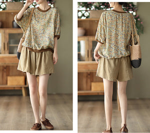 Áo T-shirt linen ngắn tay cổ tròn in hoa lá bo viền - A763