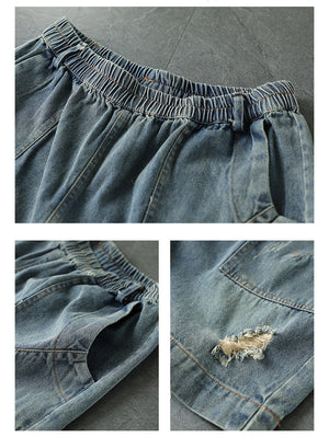 Quần sooc denim lưng thun túi vuông kiểu sờn rách - NU7119