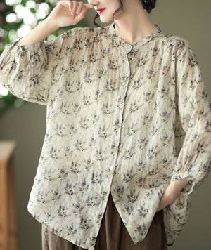 Áo sơ mi linen tay lửng cổ đứng in hoa văn - NU6920