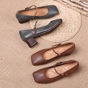 Giày da retro mũi vuông đế cao có quai - NU6029