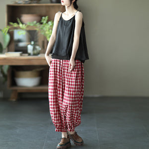 Quần baggy linen lưng thun kẻ sọc caro ống túm - NU7111