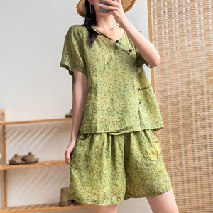 Bộ đồ gồm áo sơ mi ngắn tay khuy tàu và quần sooc in hoa liti - NU7210