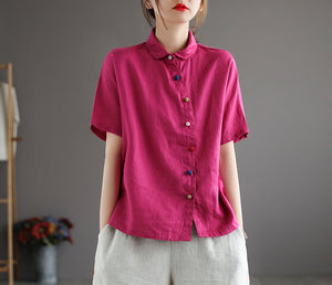 Áo sơ mi linen ngắn tay cổ pipi khuy tròn màu sắc - NU5682