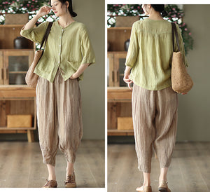 Quần baggy linen lưng thun dây rút ống túm xếp ly - NU7477