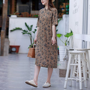 Đầm liền linen ngắn tay cổ V xếp ly khuy tròn in hoa lá - NU8437