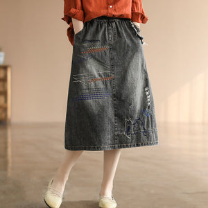 Chân váy denim lưng thun thêu hai chú mèo - V005