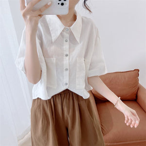Áo sơ mi linen ngắn tay cổ sen nhọn hai túi vuông - NU7511