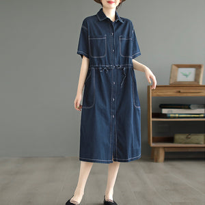 Đầm liền denim ngắn tay cổ đức hai túi vuông cột dây - NU8586