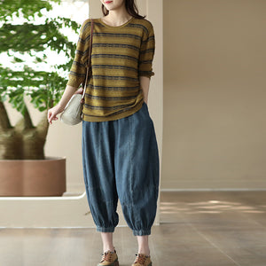 Áo T-shirt ngắn tay dệt kim kẻ sọc hoa văn retro - NU8490