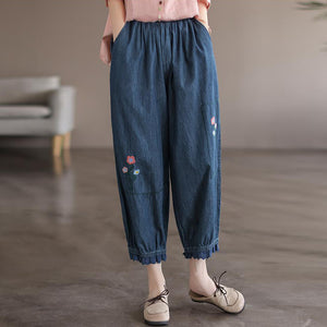 Quần baggy denim thêu hoa gấu thun đính ren - NU7626