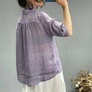 Áo sơ mi linen ngắn tay cổ pipi thêu những bông tuyết đối xứng - NU7182