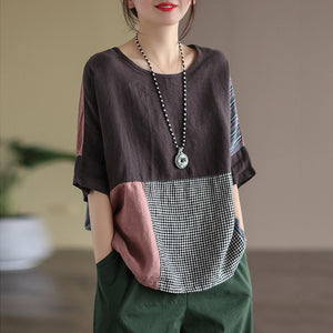 Áo T-shirt linen ngắn tay cổ tròn chắp vá mảng màu caro - NU7274