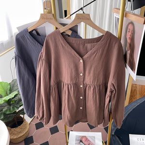 Áo sơ mi linen dài tay cổ V kiểu bo tay - NU8458