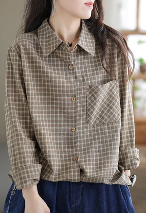 Áo sơ mi linen dài tay cổ đức kẻ sọc caro một túi vuông - NU7688