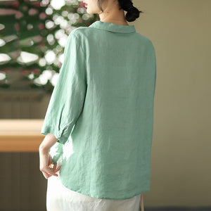 Áo sơ mi linen ngắn tay cổ đức khuy cài sát túi - NU5604