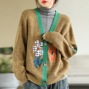 Áo khoác len cardigan dài tay cổ V móc những bông hoa - NU8065