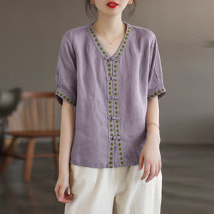Áo sơ mi linen ngắn tay cổ V khuy tròn hoa văn thổ cẩm - NU6965