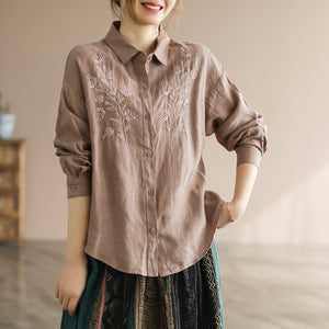 Áo sơ mi linen dài tay cổ đức thêu hoa đối xứng - NU6676