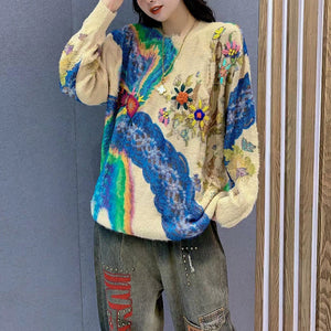 Áo len cashmere dài tay cổ tròn form rộng móc hoa màu sắc - NU7795