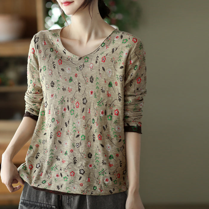 Áo T-shirt dệt kim dài tay cổ V in hoa lá - NU7764