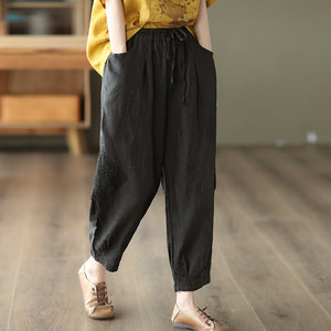 Quần baggy linen lưng thun thêu ren hai bên quần - NU7309