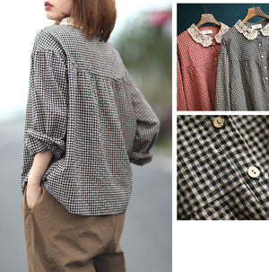 Áo sơ mi linen caro dài tay - NU4413