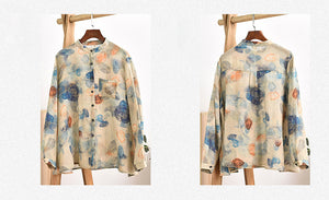 Áo sơ mi linen dài tay cổ đứng in màu nước - NU6735
