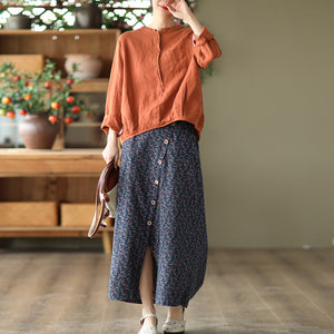 Chân váy linen lưng thun thắt dây xẻ tà chéo in hoa liti - NU8317