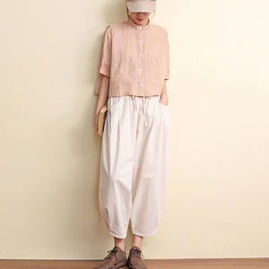 Áo sơ mi linen ngắn tay cổ đứng hai túi vuông  - NU7418