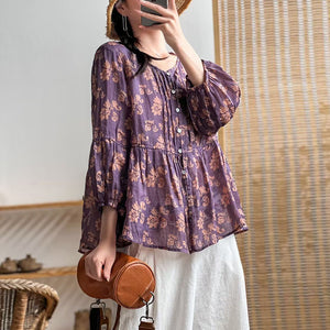 Áo sơ mi linen tay lửng cổ tròn xếp ly in hoa liti - NU7214