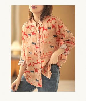 Áo sơ mi linen dài tay cổ đức in những chú ngựa - A916