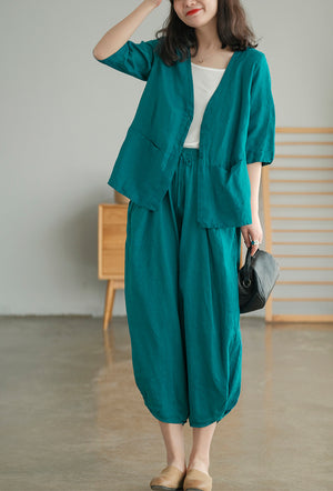 Áo sơ mi linen ngắn tay cổ V form rộng - NU5582