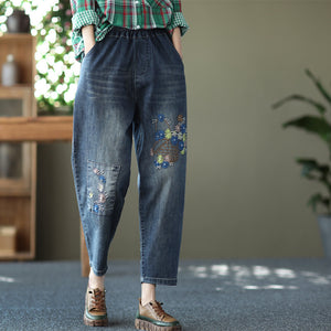 Quần baggy denim lưng thun thêu giỏ hoa - NU6956