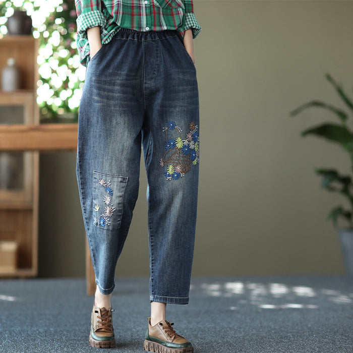 Quần baggy denim lưng thun thêu giỏ hoa - NU6956