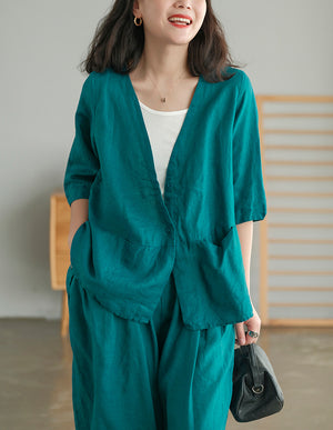 Áo sơ mi linen ngắn tay cổ V form rộng - NU5582
