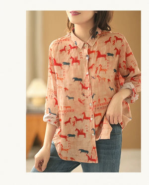 Áo sơ mi linen dài tay cổ đức in những chú ngựa - A916