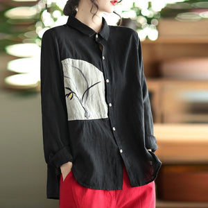 Áo sơ mi linen dài tay cổ đức thêu hoa lan  - NU6724