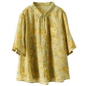 Áo sơ mi linen ngắn tay khuy cài cổ pipi in hoa lá một túi nhỏ - NU6953