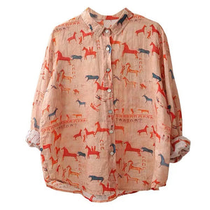 Áo sơ mi linen dài tay cổ đức in những chú ngựa - A916