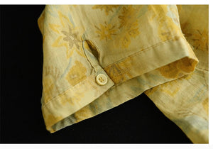 Áo sơ mi linen ngắn tay khuy cài cổ pipi in hoa lá một túi nhỏ - NU6953