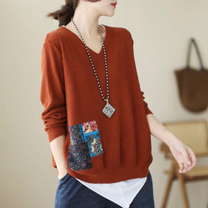 Áo len đan dài tay cổ V và mảng màu - NU7846