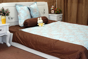 BỘ CHĂN GA THÔ LỤA HOA NÂU NỀN XANH DA TRỜI - CG00427 - kamaka.vn - thời trang nhật