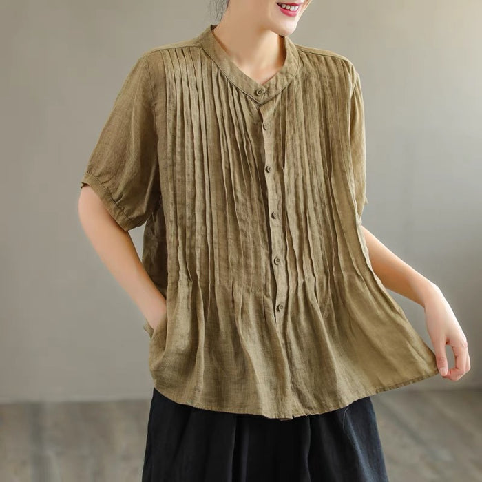 Áo sơ mi linen ngắn tay cổ đứng xếp ly - NU7519