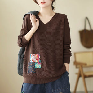 Áo len đan dài tay cổ V và mảng màu - NU7846