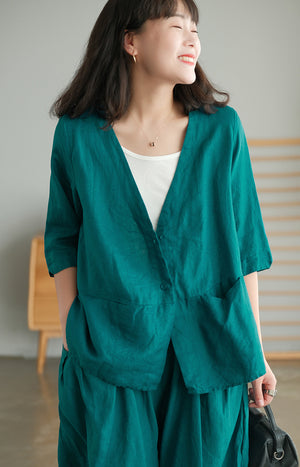 Áo sơ mi linen ngắn tay cổ V form rộng - NU5582