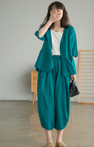 Áo sơ mi linen ngắn tay cổ V form rộng - NU5582