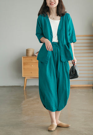 Áo sơ mi linen ngắn tay cổ V form rộng - NU5582