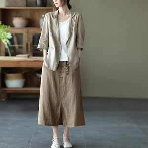 Chân váy linen lưng thun hai hàng khuy kèm thắt lưng - V001