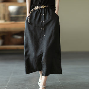 Chân váy linen lưng thun hai hàng khuy kèm thắt lưng - V001