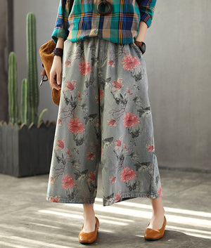 Quần baggy denim ống loe in hoa lá - NU2673 - kamaka.vn - thời trang nhật